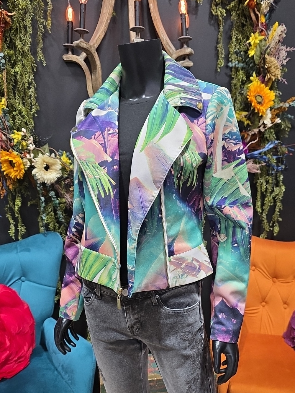 Jennifer Lopez Multicolor Tropical Print Moto Jacket